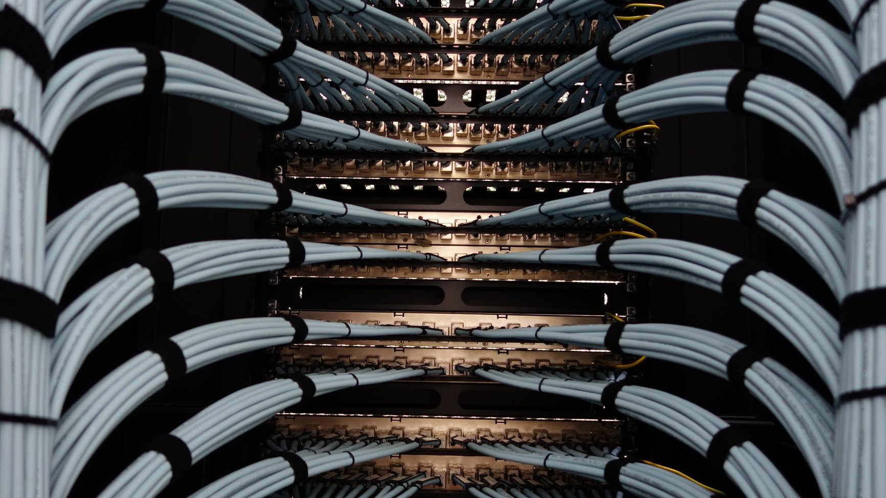 サーバーラックに束ねられたケーブルの写真