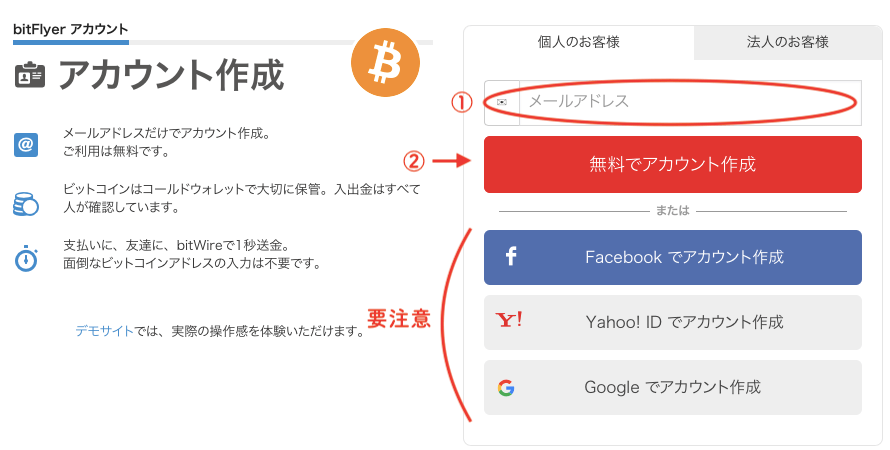 ビットフライヤーへのメールアドレス登録