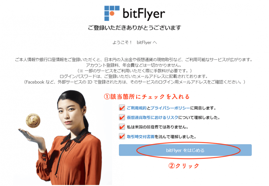 ビットフライヤー規約に同意する画面